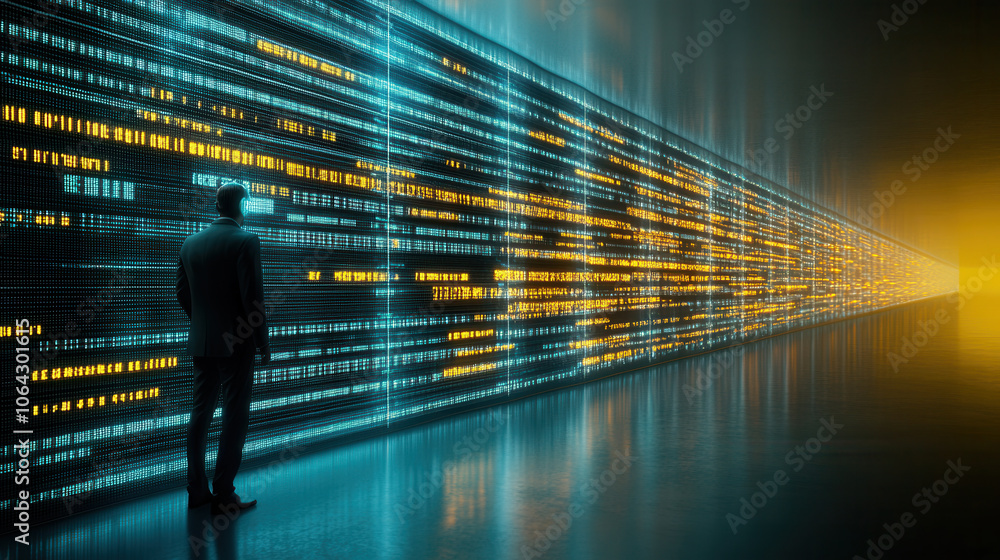 Poster person stands in front of glowing digital wall, representing data flow and technology. scene evokes 
