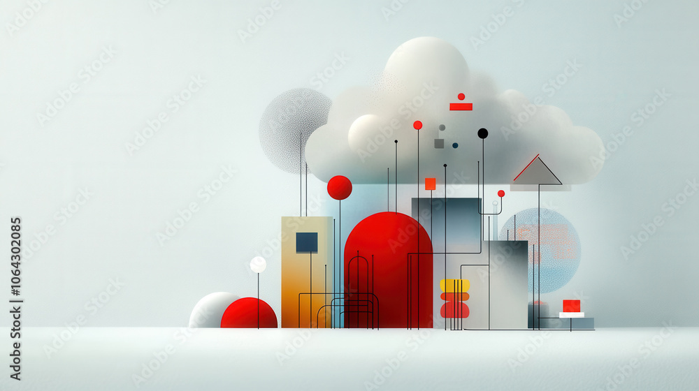 Poster imaginative depiction of abstract shapes and colors representing AI and cloud technology, featuring geometric forms and vibrant hues