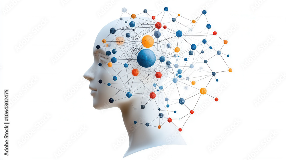 Poster conceptual illustration of human head with interconnected nodes representing deep learning and neura