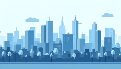 Fototapeta premium A high-definition image of a monochrome urban landscape with a cloudy sky. The scene features blue city buildings interspersed with trees, rendered in a modern architectural flat style.
