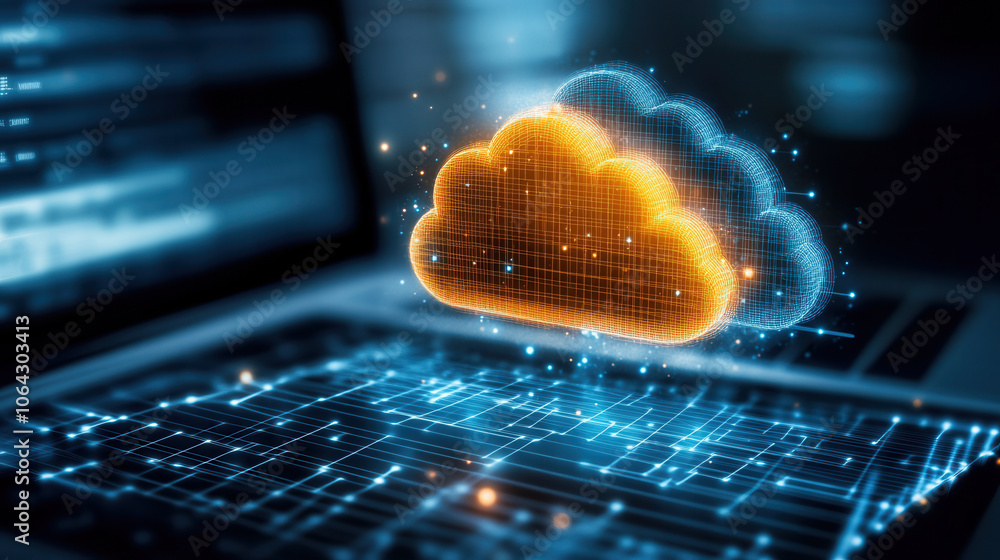 Poster cloud computing enhances digital technology and data management, showcasing vibrant cloud icon over 