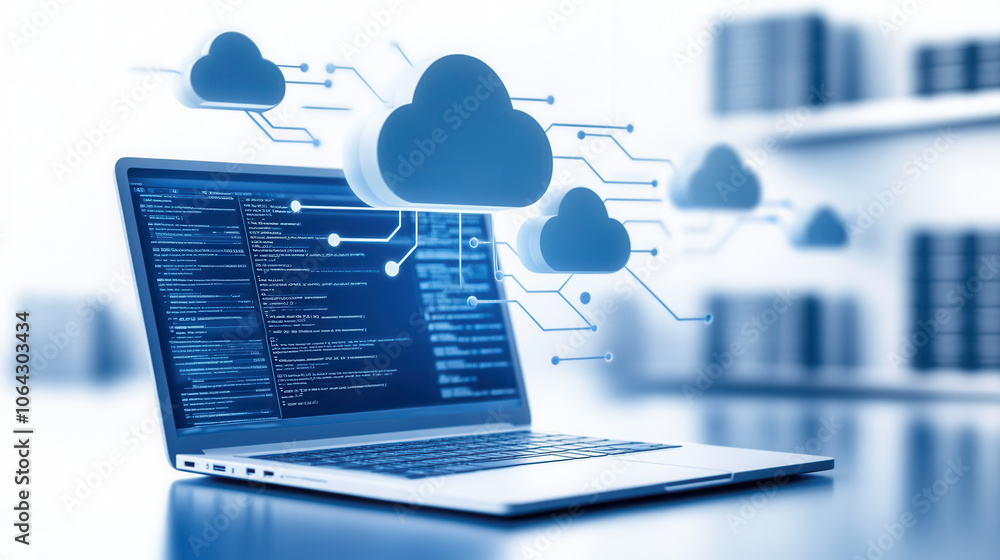 Poster enhance your understanding of cloud computing with this illustration showcasing laptop connected to 