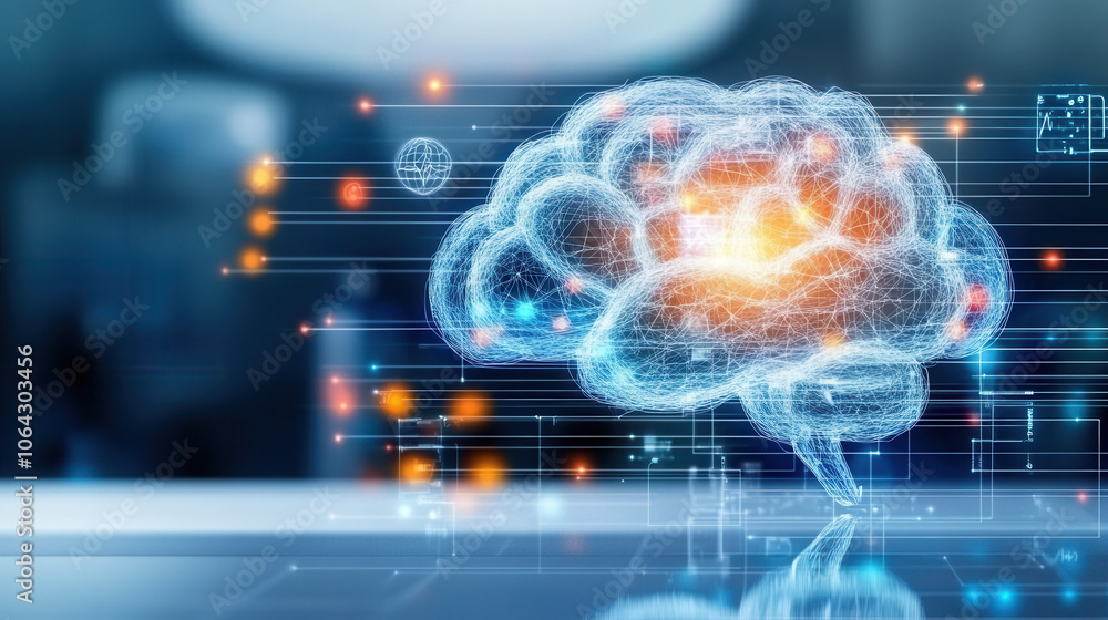 Poster digital representation of brain symbolizing artificial intelligence and data processing, showcasing 
