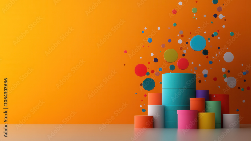 Poster Colorful containers stacked against orange background with vibrant circles floating around, creating lively and playful atmosphere
