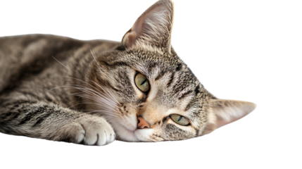 A relaxed tabby cat lounging comfortably with its eyes half-closed, displaying a calm and serene demeanor.