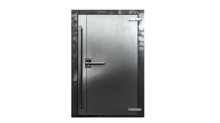 A sleek, modern industrial freezer with a shiny metal finish against a black background.