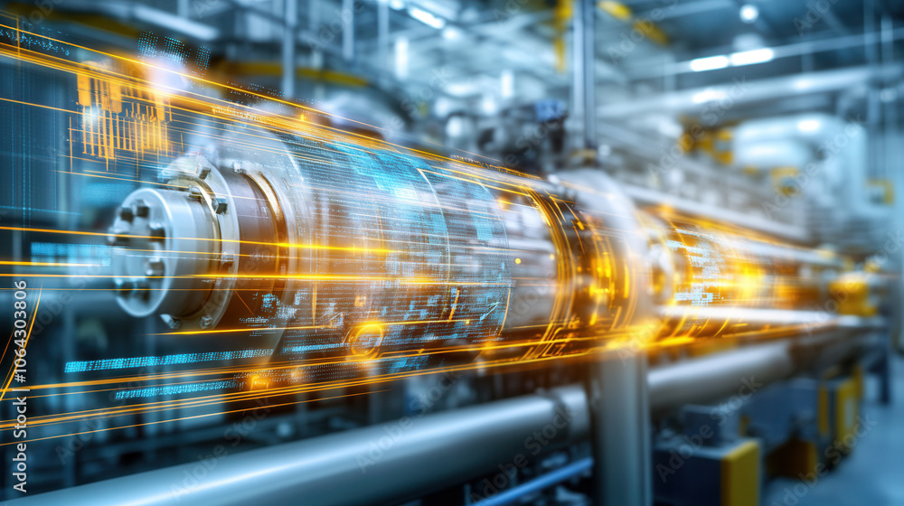 Poster futuristic industrial pipeline with digital overlays and glowing elements, showcasing advanced techn