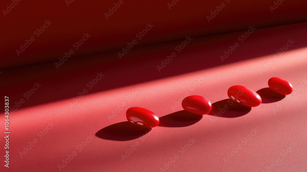 Poster red oval objects on a red surface with shadows