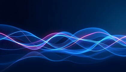 An abstract design featuring glowing wave lines on a dark blue background. The dynamic wave pattern flows gracefully, creating a sense of movement and energy. The modern, futuristic lines shimmer