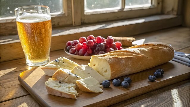 Golden sunlight illuminates a rustic wooden table, casting warm shadows over a freshly baked loaf of bread, sliced and ready for a simple meal.