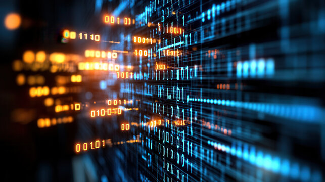 Digital data streams with binary code and glowing elements create futuristic atmosphere. This represents technology, data processing, and information flow