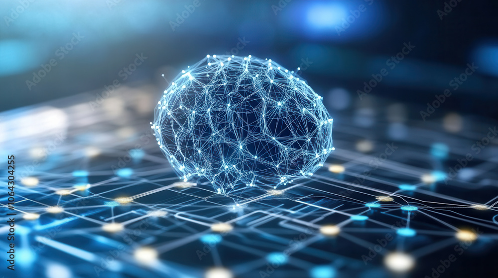 Poster digital representation of brain with interconnected nodes, symbolizing neural networks and data proc