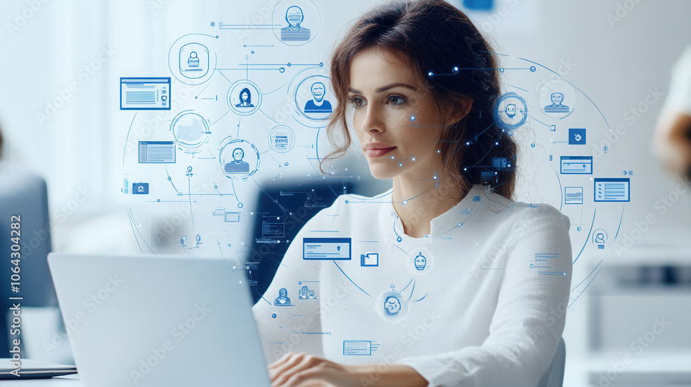 Poster automated workflows and digital communication are represented in this image, showcasing woman workin