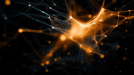 Dynamic abstract representation of interconnected nodes and lines, showcasing vibrant network of orange and blue hues. This evokes sense of technology and innovation