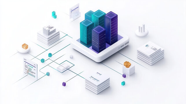 Digital representation of data analysis and anomaly detection in finance, featuring buildings, documents, and graphs. This conveys modern, tech driven approach to financial insights