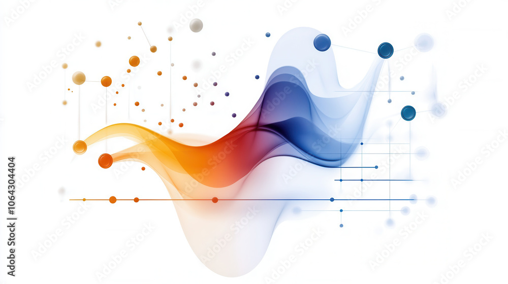 Poster dynamic abstract design featuring colorful waves and dots, representing innovation and creativity. t