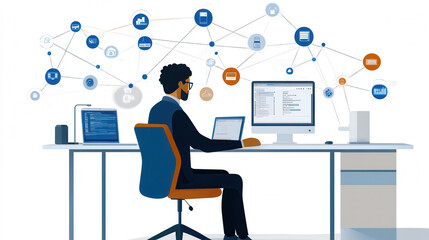 professional man working at desk with multiple screens, visualizing real time data processing and analytics. scene conveys sense of productivity and technology