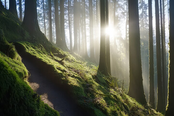 serene forest path illuminated by sunlight, symbolizing hope and new beginnings