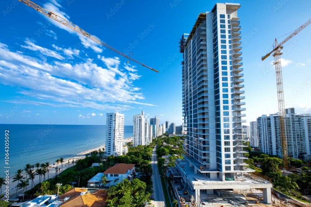 Poster a city skyline with a large building in the middle and a beach in the background