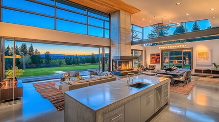 Modern Home Interior with Scenic View at Twilight