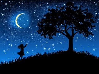 girl reaches for stars under crescent moon, symbolizing hope