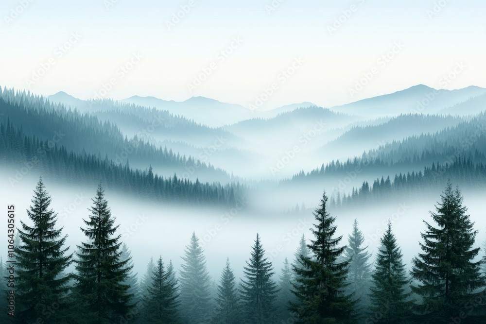 Poster a misty mountain range with trees in the foreground and background