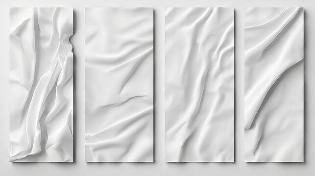 Four vertical white rectangular smooth elegant cloths hanging on wall displaying subtle folds and creases