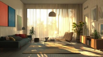 Fototapeta premium Modern Living Room with Natural Light and Greenery