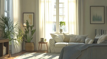 Fototapeta premium Cozy Living Room with Natural Light and Greenery