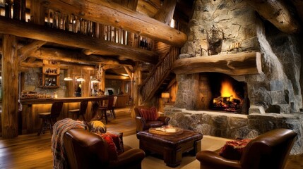 Cozy Rustic Cabin Interior with Stone Fireplace