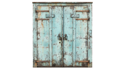 Rusty blue vintage doors with weathered textures and metal details on a white isolated background.