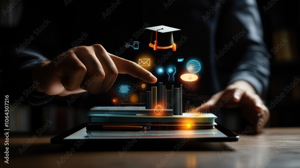 Poster a hand interacts with a digital tablet displaying educational icons and graphs.