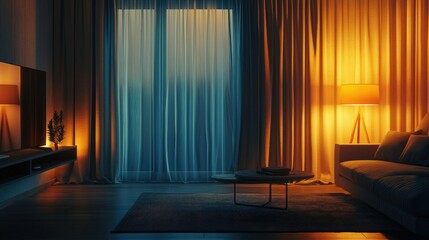 Cozy Living Room with Ambient Lighting and Curtains