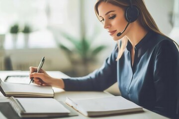 A focused woman wearing a headset takes notes while working at her desk in a bright and modern workspace.