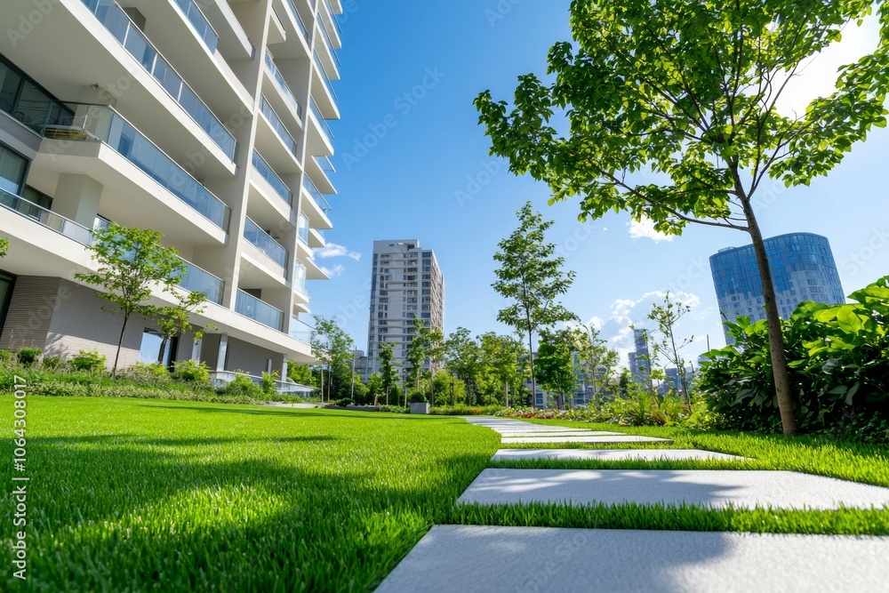 Poster a large apartment building with a green lawn and a tree in front of it