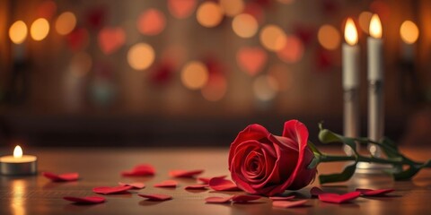 Romantic Valentine's Day composition with red rose, love letter, burning candles, 3d hearts, and bokeh lights on the table, declaration, hearts, red rose