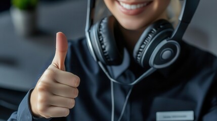Friendly customer service agent with headphones giving a thumbs up, showcasing professionalism and positivity in the workplace.