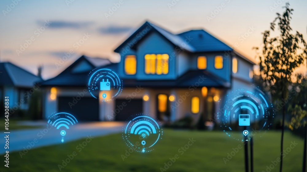 Poster a modern home with digital security and connectivity icons displayed in the foreground.