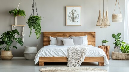 Fototapeta premium Modern Minimalist Bedroom with Plants and Natural Decor