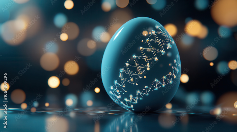 Poster deep blue egg with glowing patterns stands out against blurred background of shimmering lights, crea