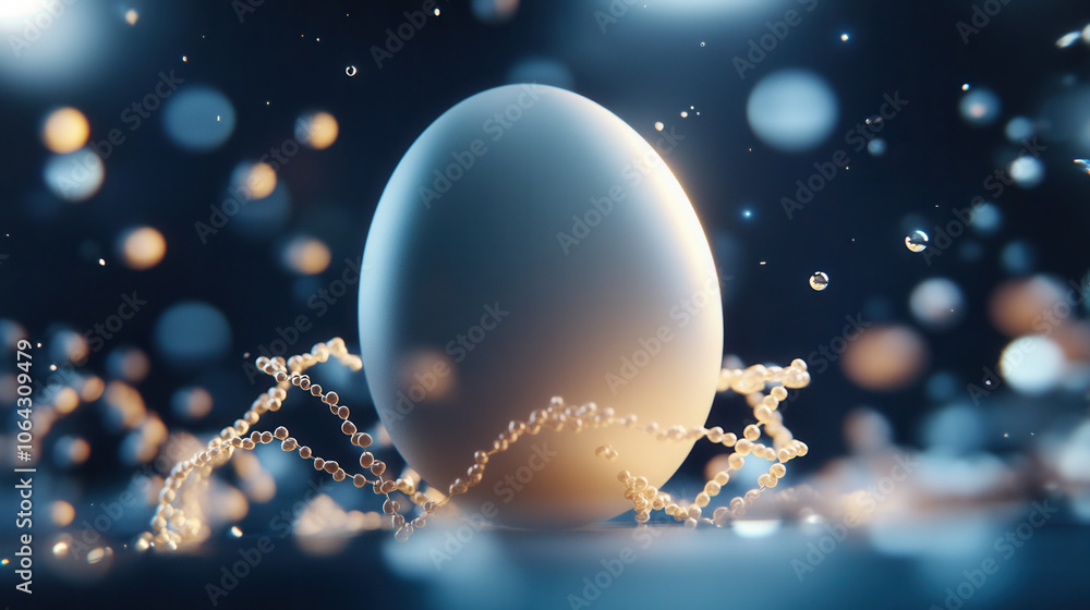 Poster deep blue egg surrounded by floating animated bubbles and delicate strands, creating serene and magi