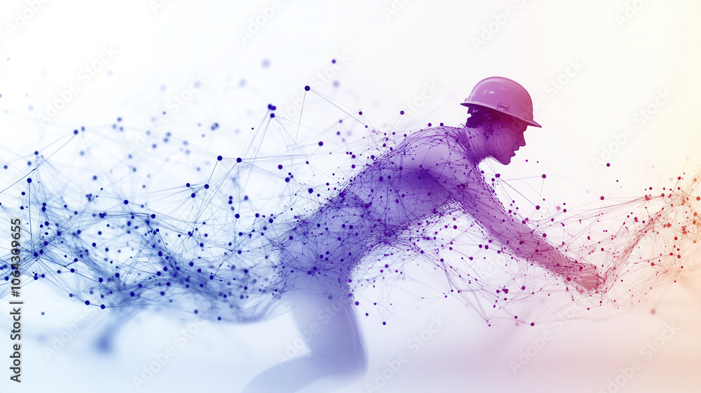 Poster digital representation of construction worker in motion, showcasing blend of technology and labor. i
