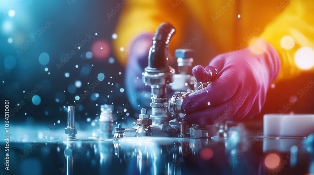 Poster plumber working with colorful tools and fittings, showcasing precision and skill in dynamic environm