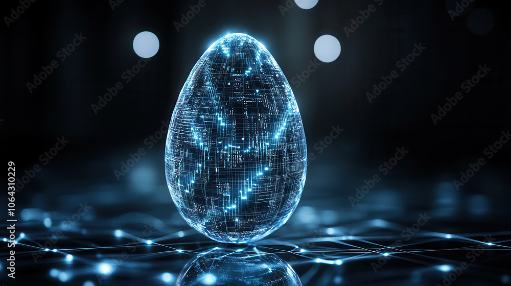 Poster futuristic deep blue egg with holographic patterns, glowing softly in dark environment, creating mes