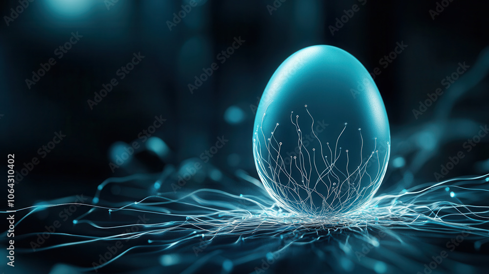 Poster futuristic deep blue egg surrounded by swirling light patterns creates mesmerizing visual effect. gl
