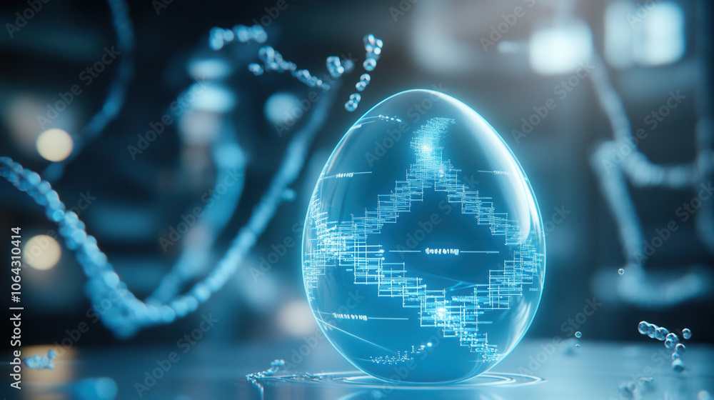 Poster futuristic deep blue egg with swirling data patterns, surrounded by floating particles, creates capt