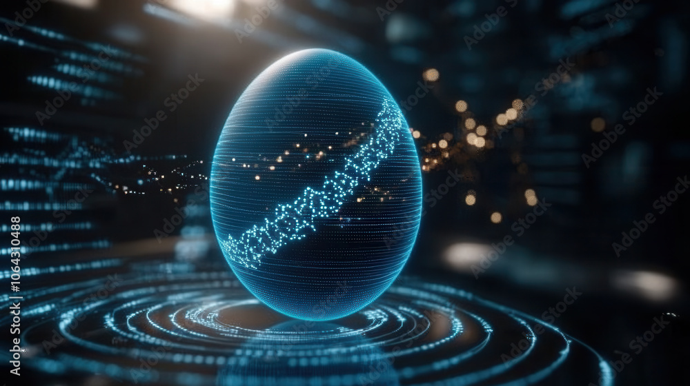 Poster futuristic deep blue egg shaped object surrounded by glowing particles and swirling light patterns, 