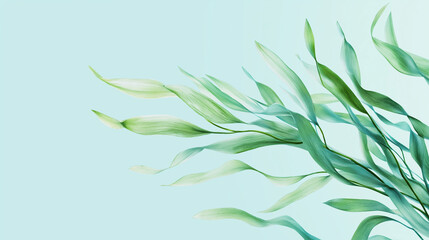 Isolated seaweed strands swaying gently against a light aqua background, adding soft, natural elements in a clean layout