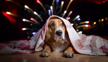 A frightened dog hiding under blankets, scared of fireworks