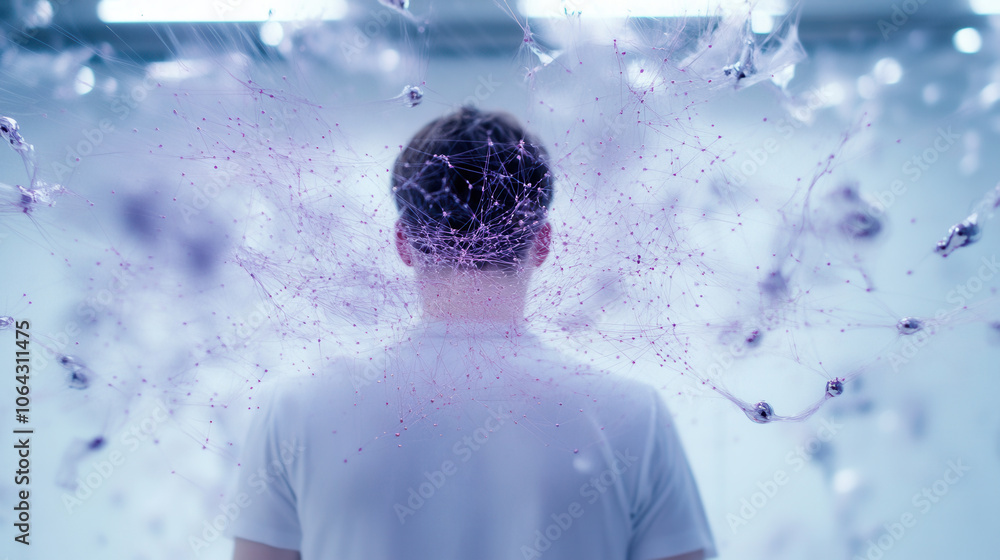 Poster person standing with digital network visualization in background, symbolizing connection and technol